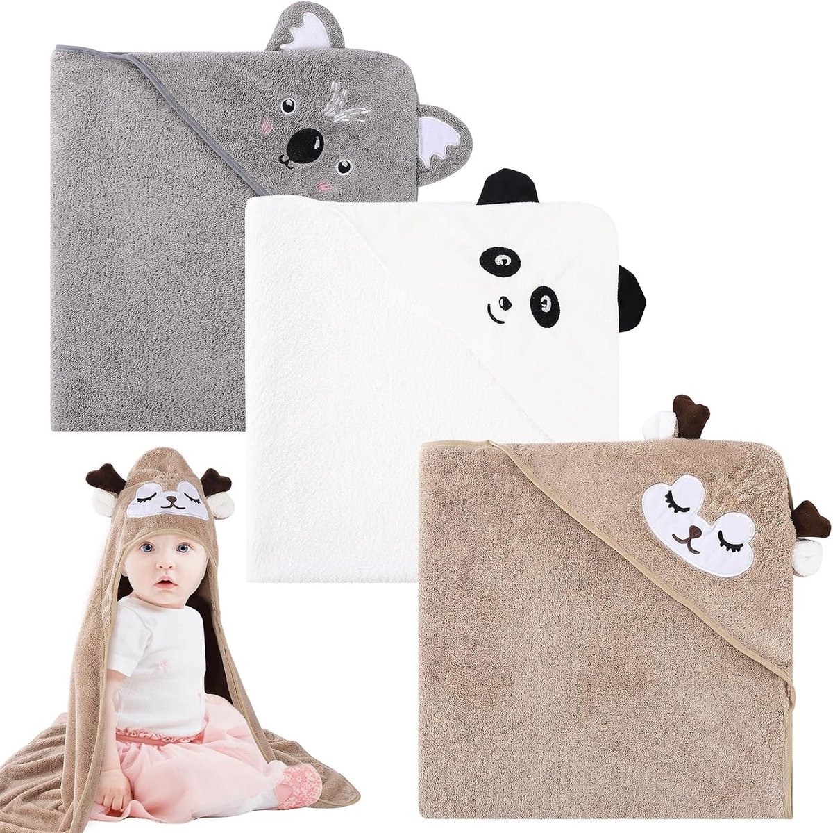 Set van 3 Baby Badhanddoeken met Capuchon, Ideaal voor Pasgeborenen en Kinderen tot 5 Jaar, 80x80cm, Perfect voor Zwemmen en Badderen, Khaki en Wit