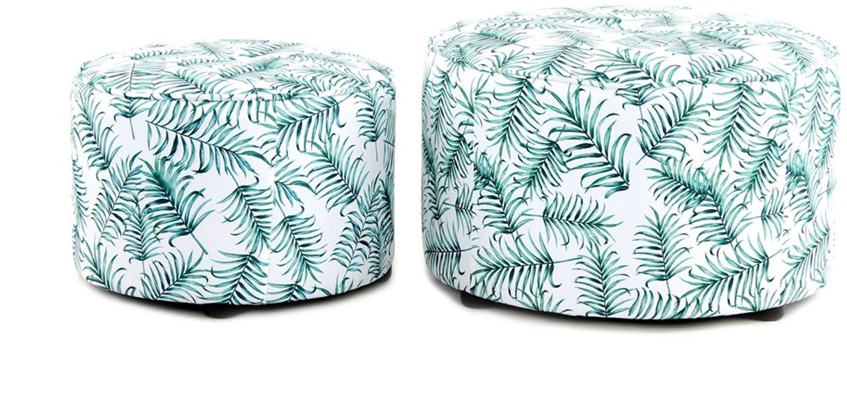 Padiro ronde poefs set van 2 Ø 45/58 cm - groen en wit - polyester - botanisch patroon