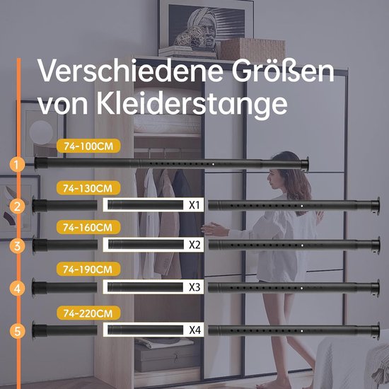 Kledingstang - Garderobestang - Kleding Opbergen - Telescopisch Verstelbaar - 74-130 cm - Zwart — afbeelding 2