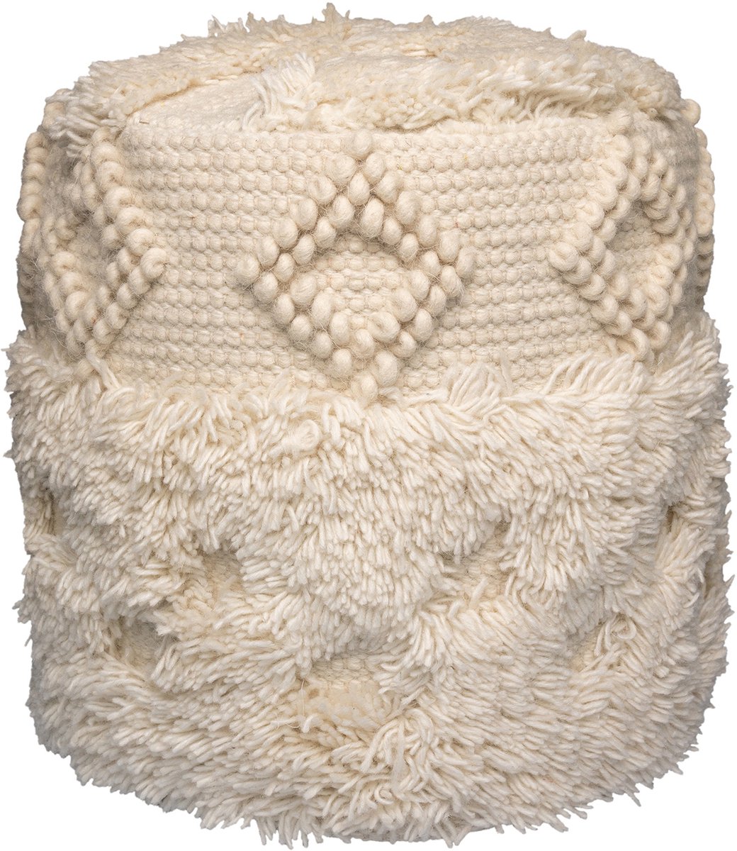 Padiro ronde poef Ø 35 x 35 cm - naturel - wolmix - bohostijl met reliëf