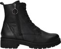 Zwarte leren veterboot met rits en ringdetail, vanaf de zijkant gezien.