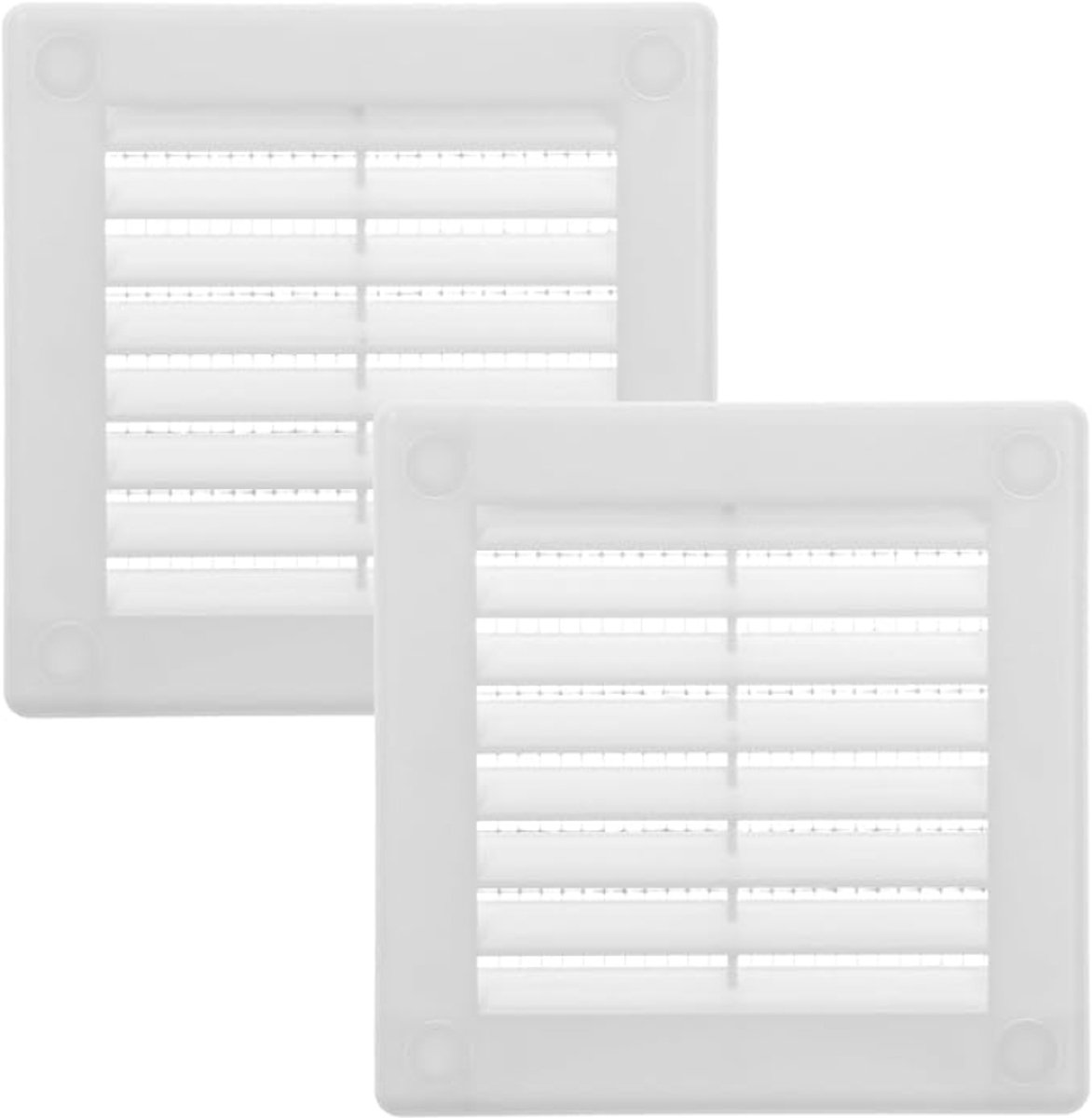 Witte ventilatieroosters 100x100 mm, 2 stuks, plat vierkant model met fijn gaas, voor muur en plafond