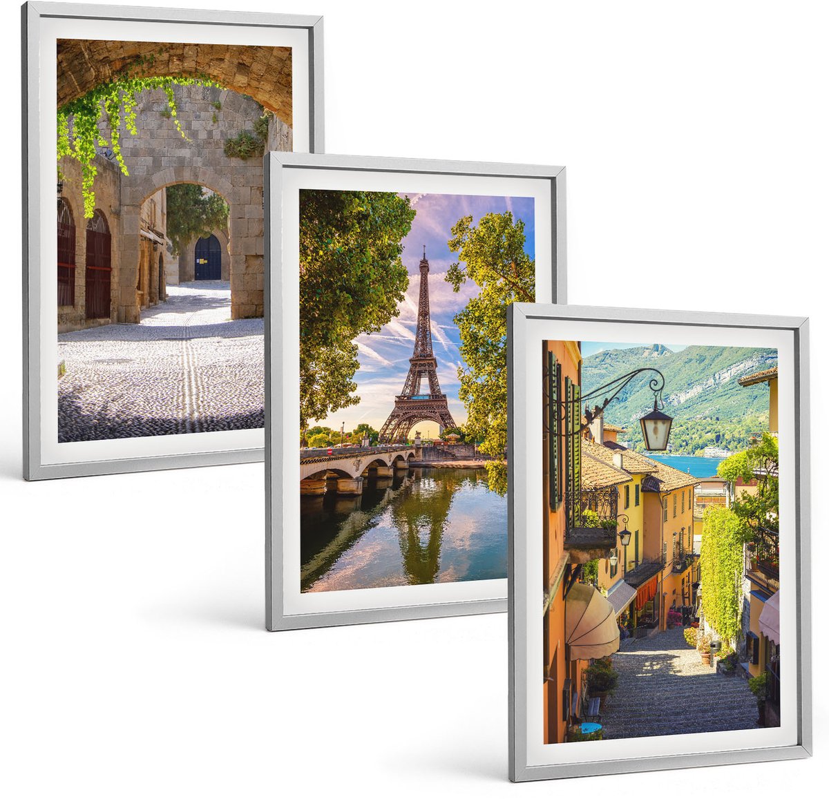 Coloray 3-Delige Schilderij Set - Prachtige Straten, Historische Architectuur, Eiffeltoren - 40 x 60 cm - Muurdecoratie - Interieur Decoratie - Woonkamer Decoratie