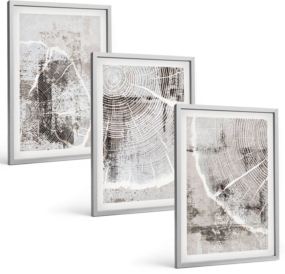 Coloray 3-Delige Schilderij Set - Houtnerfpatronen In Grijstinten En Wit - 40 x 60 cm - Muurdecoratie - Decoratieve Schilderijen - Wohnzimmer