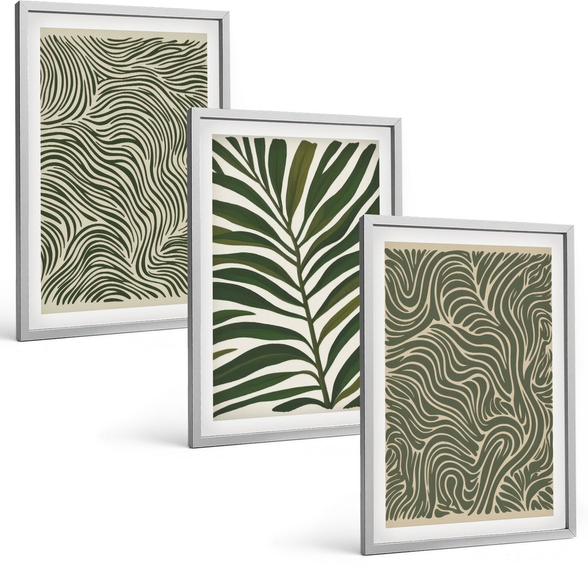 Coloray 3-Delige Schilderij Set - Abstracte Patronen Met Bladeren En Golvende Vormen - 40 x 60 cm - Decoratieve Schilderijen - Woonkamer - Interieur - Muurdecoratie