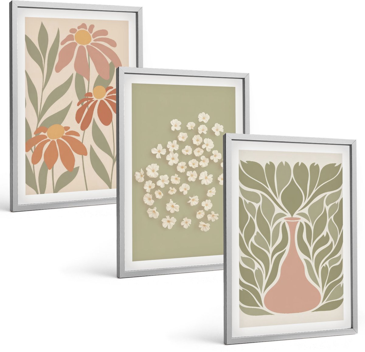 Coloray 3-Delige Schilderij Set - Bloemmotieven, Minimalistische Patronen, Boho-Stijl - 40 x 60 cm - Moderne Wanddecoratie - Woonkamer - Interieur Decoratie