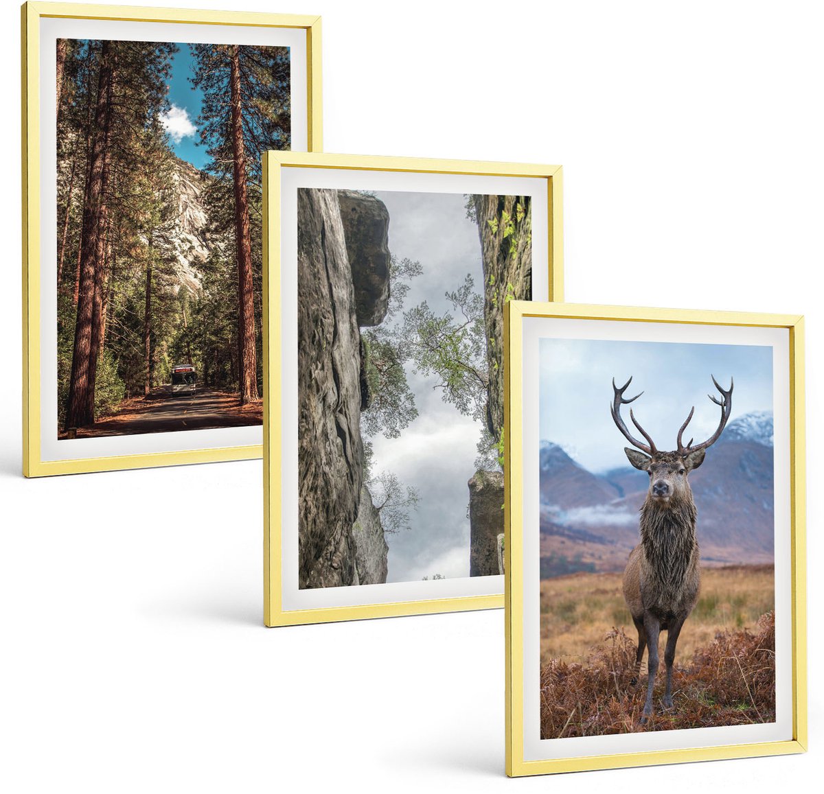 Coloray 3-Delige Schilderij Set - Uitzicht Op Een Bergrivier En Waterval In De Natuur. - 40 x 40 cm En 40 x 60 cm - Muurdecoratie - Wanddecoratie - Slaapkamer - Moderne Wanddecoratie