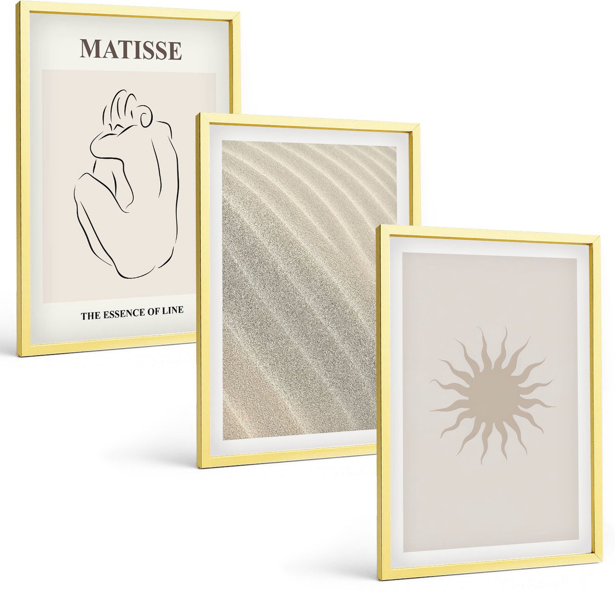 Coloray 3-Delige Schilderij Set - Minimalistische Zandpatronen, Golven En Zon, Matisse - 40 x 40 cm En 40 x 60 cm - Wanddecoratie - Muurdecoratie - Woonkamer