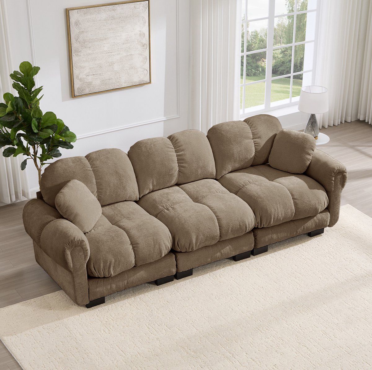 REDOM - Bank - 3-zits cloud sofa met 2 kleine decoratiekussens - Gestikt patroon - Chenille bekleding - Woonkamer - Bruin - 260 x 86 x 90 cm