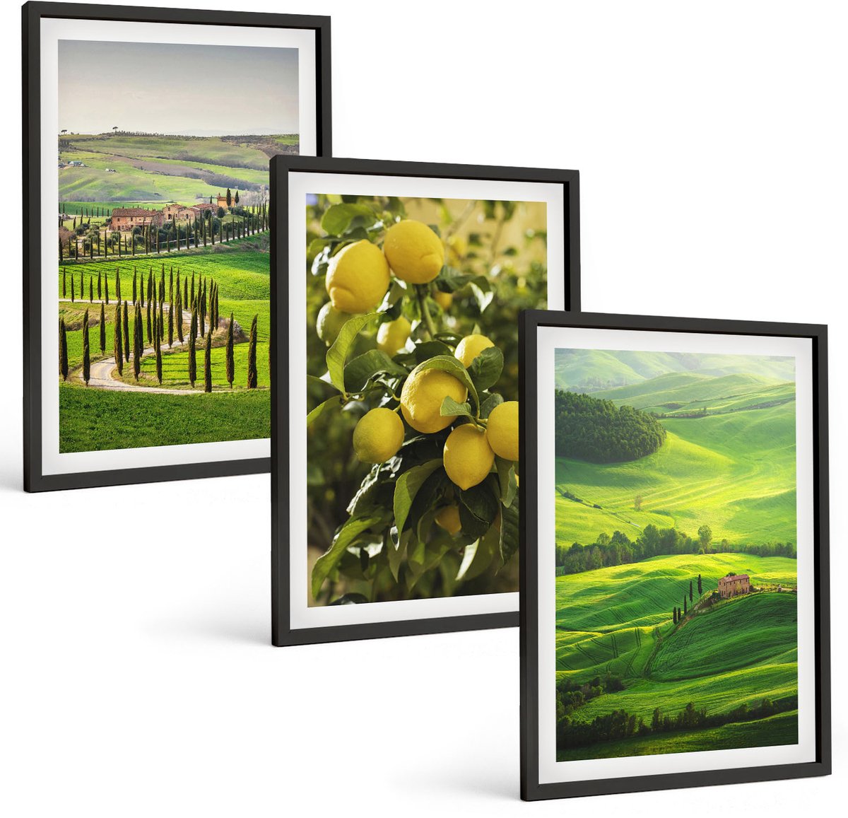 Coloray 3-Delige Schilderij Set - Italiaanse Landschappen Met Citrusbomen En Groene Heuvels - 40 x 60 cm - Stijlvolle Muurdecoratie - Slaapkamer - Moderne Wanddecoratie
