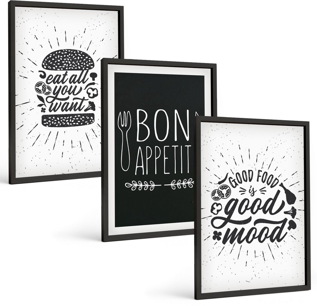 Coloray 3-Delige Schilderij Set - Voedselafbeeldingen En Culinaire Slogans - 40 x 60 cm - Wanddecoratie - Schilderijen Set - Interieur