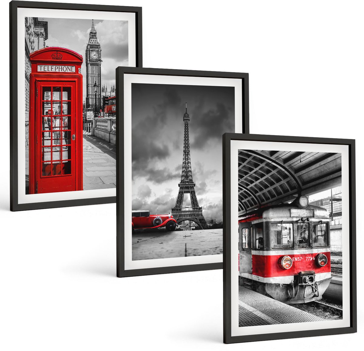 Coloray 3-Delige Schilderij Set - Iconische Steden: Londen, Parijs En Het Spoorvervoer - 40 x 60 cm - Muurdecoratie - Schilderijen Set - Woonkamer - Decoratieve Schilderijen