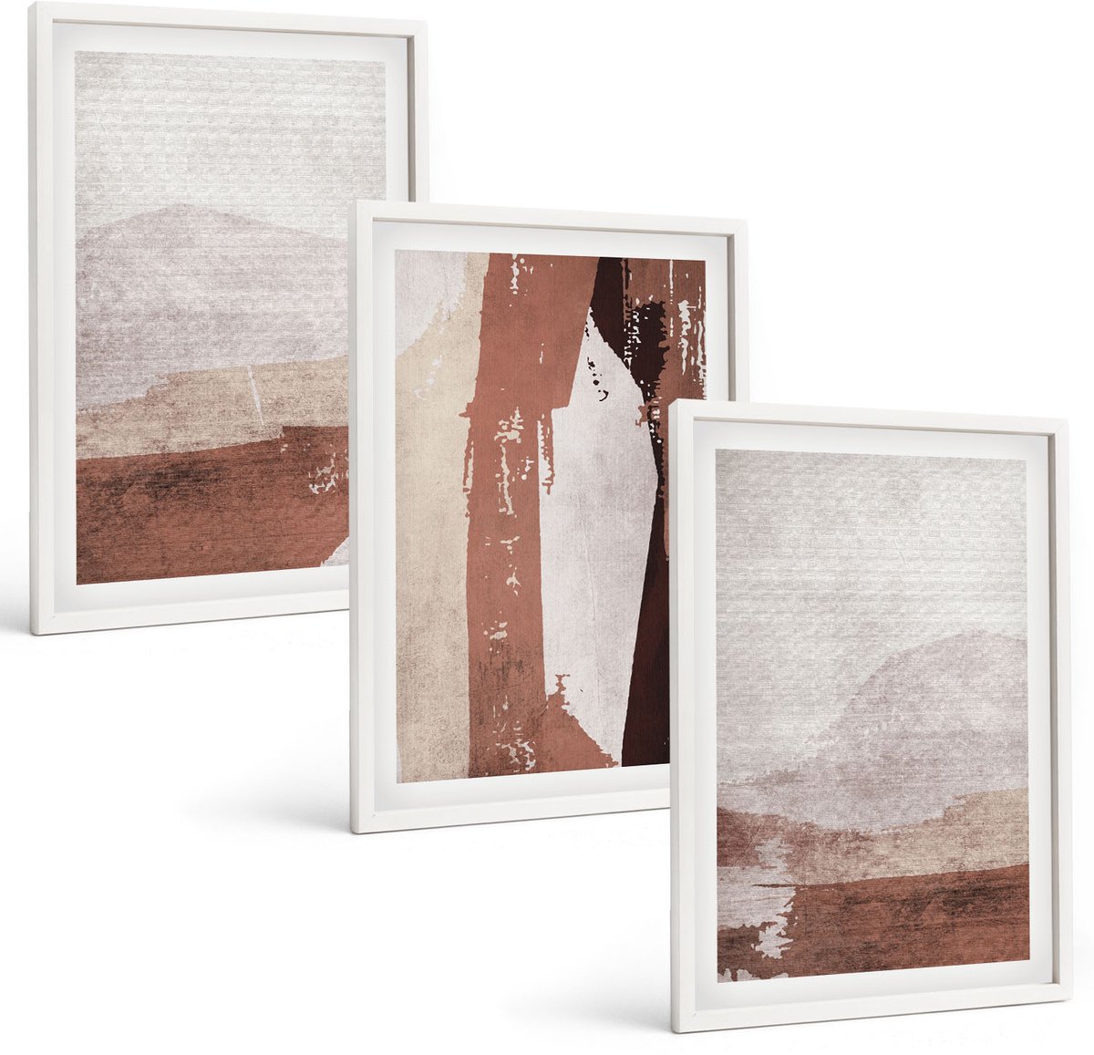 Coloray 3-Delige Schilderij Set - Abstracte Patronen In Bruine En Beige Tinten. - 40 x 60 - Wanddecoratie - Schilderijen Set - Kantoor