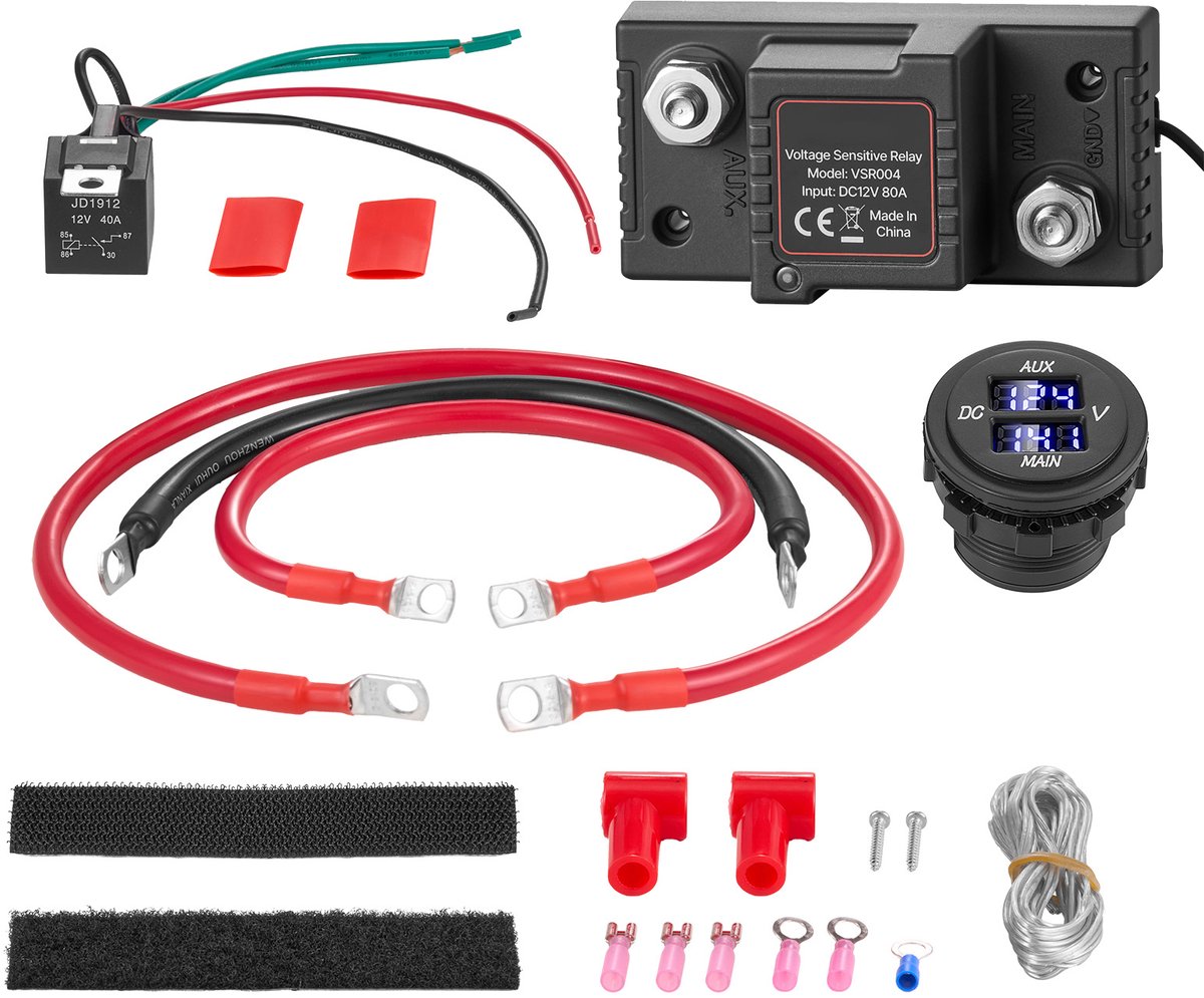 Dubbele Accu-Isolatierelais Kit, 12V 80A 0,6m 6AWG, Spanningsgevoelig Relais met Voltmeter en LCD-Scherm, Accu-Isolatieschakelaar, Geschikt voor Loodzuuraccu's, Ideaal voor UTV en ATV