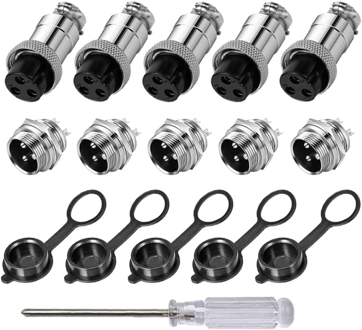 5 stuks 3-polige GX16 Aviation stekker, 16 mm schroefdraad, metalen luchtvaartkabelverbinder, 5A mannelijke en vrouwelijke luchtvaartstekker, stekkerkit, met rubberen dop