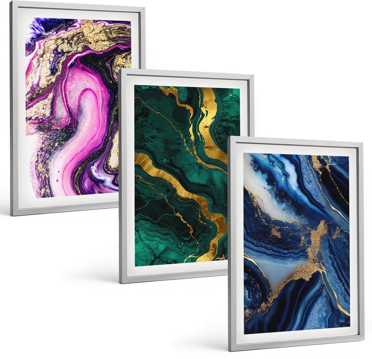 Coloray 3-Delige Schilderij Set - Abstracte Patronen In Tinten Roze, Groen En Blauw. - 40 x 60 cm - Wanddecoratie - Muurdecoratie - Moderne Interieurdecoratie - Interieur Decoratie