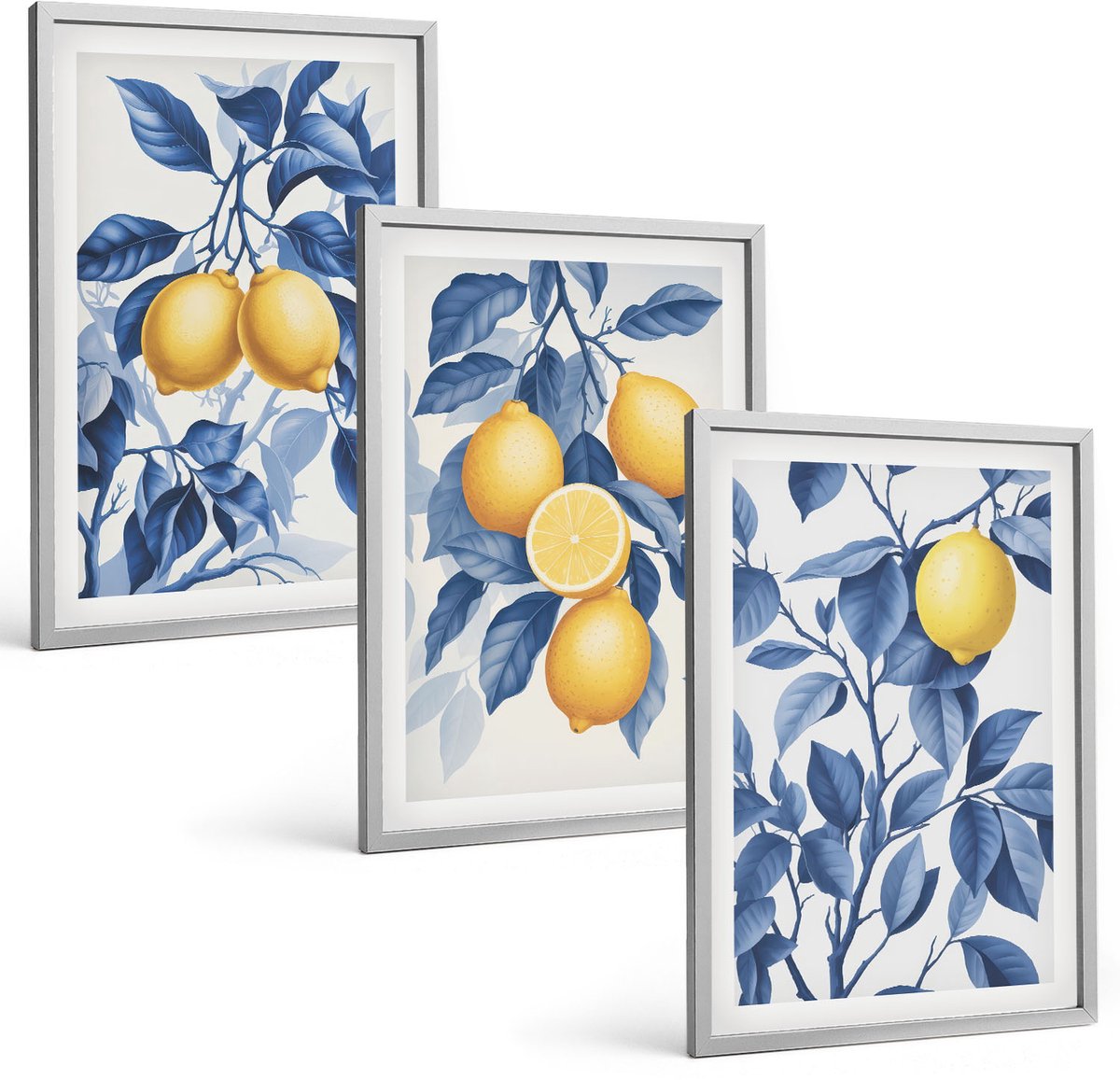 Coloray 3-Delige Schilderij Set - Citroenen Aan Takken Met Blauwe Bladeren - 40 x 60 cm - Muurdecoratie - Interieur Decoratie - Woonkamer Decoratie