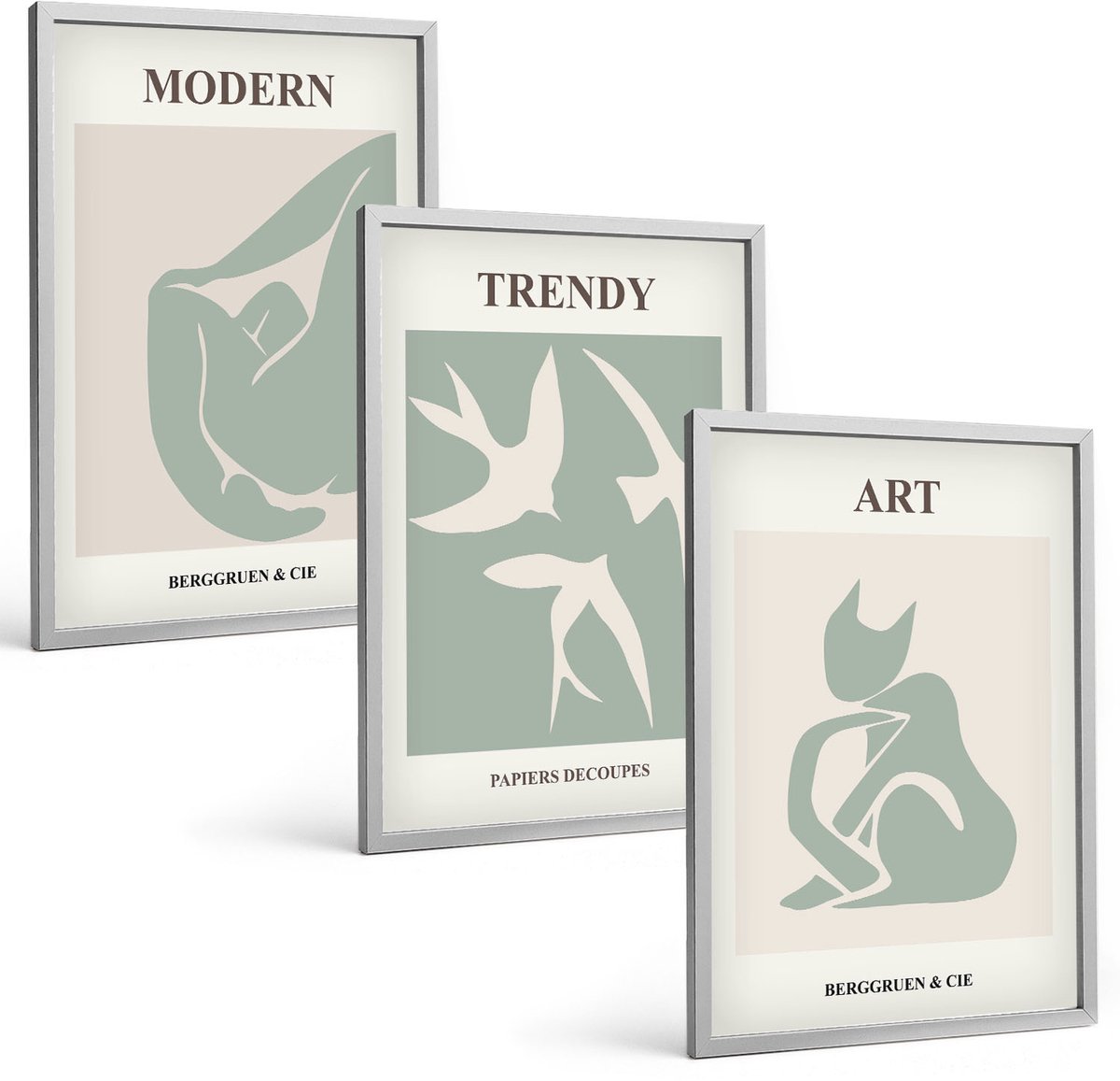 Coloray 3-Delige Schilderij Set - Abstracte Figuren Van Henri Matisse In Ingetogen Kleuren. - 40 x 60 cm - Wanddecoratie - Moderne Interieurdecoratie - Woonkamer Decoratie