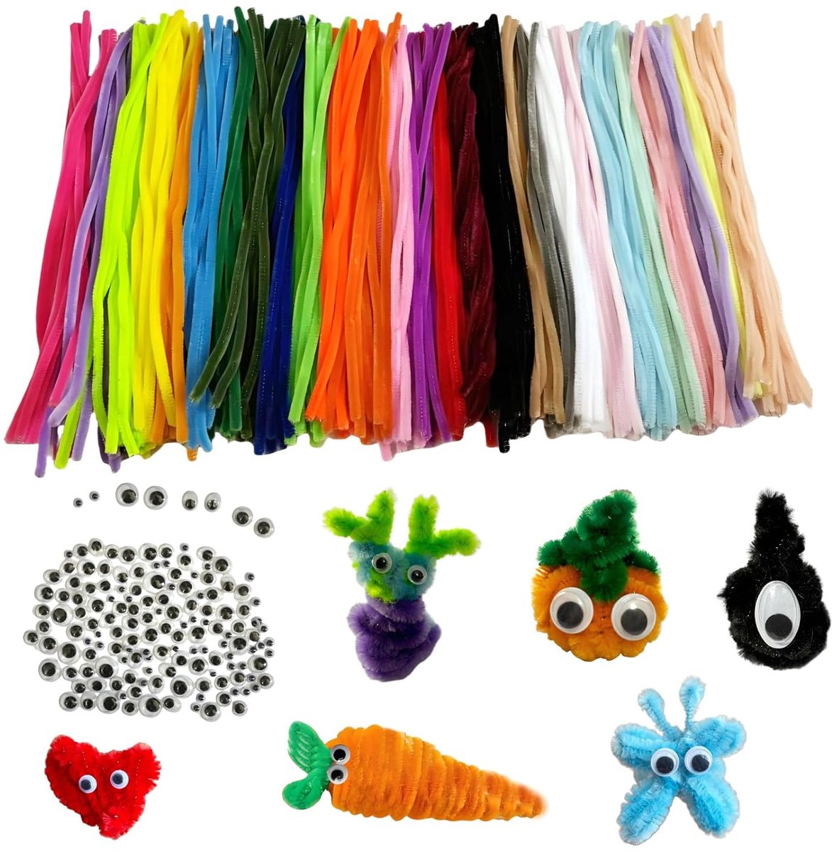 450 stuks 300 pijpenrassers, kleurrijk, om te knutselen, 30 kleuren, chenilledraad, 30 cm, 150 zelfklevende wiebelogen 5-12 mm, pijpreiniger voor doe-het-zelf projecten, carnavalsdecoratie,