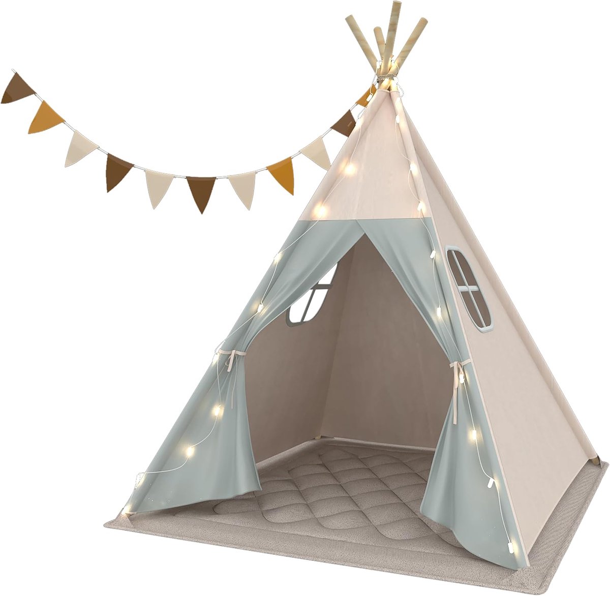 Tent voor kinderen, wasbare kindertent met gevoerde deken, lichtketting, draagtas, zeildoek, speeltent voor meisjes en jongens