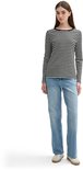 Model met lange mouwen zwart-wit gestreept T-shirt met ronde hals en lichtblauwe jeans.