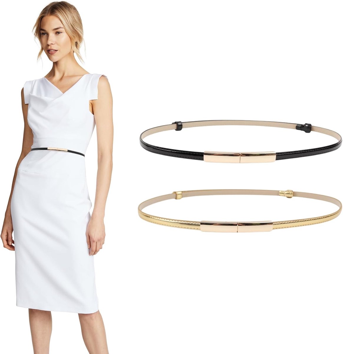 Elastische tailleriem, 2 stuks skinny lederen riem voor dames, verstelbare cinch-riem met gouden gesp, modieuze jurk, dunne tailleriemen, glanzende verstelbare slanke dunne tailleriem voor
