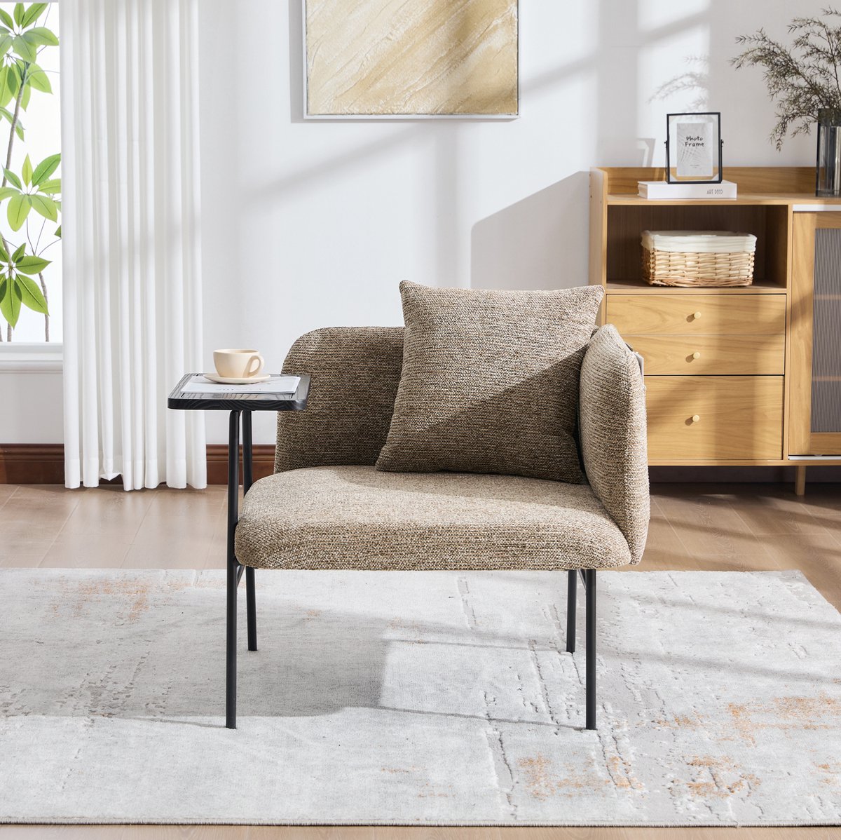 MODFU - Fauteuil - Bijzettafel - Opbergvakken - Scandinavisch - Khaki - Houtlook