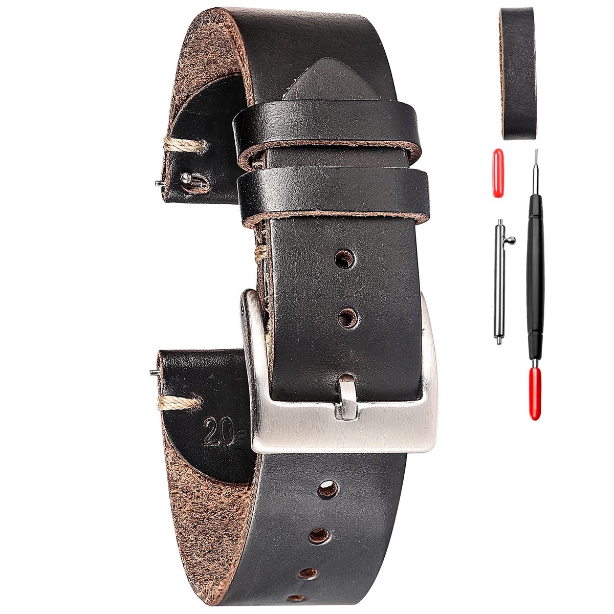 Horween lederen horlogebanden voor mannen, 18mm Watch Strap Quick Release Vintage Watch Wrap met Heavy Duty Dust Buckle - ShopVlot