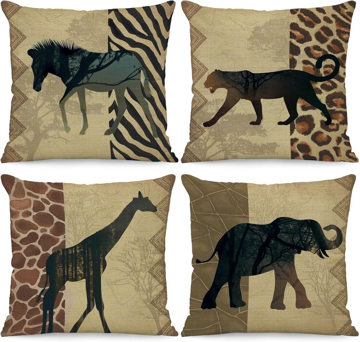 Kussenhoes met Wilde Dieren - Bruin - 45 x 45 cm - Linnen Kussensloop Set van 4 - Voor Woonkamer en Slaapkamer