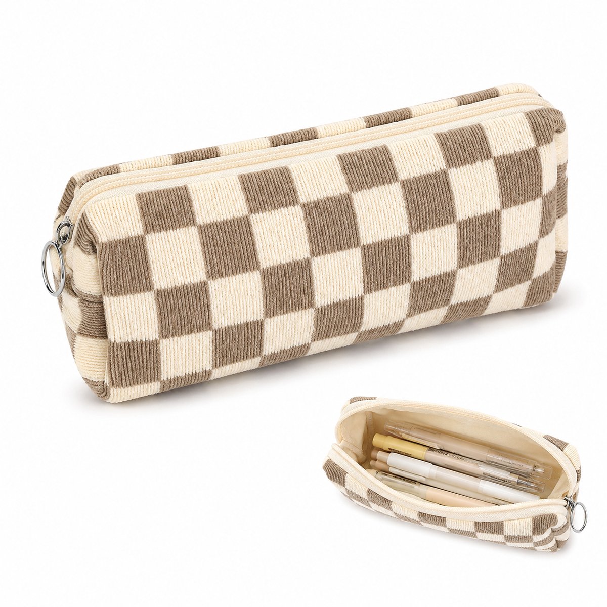 VHV - Corduroy Etui Geruit -Draagbaar Pencil case - 20 x 7 x 4.5 cm - Make-up Tas en Organizer - Voor School Examen, Kantoor -Lichtbruin