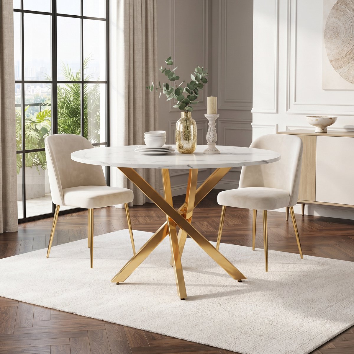 REDOM - Eettafel - Rond - Marmerlook tafelblad - X-vormige metalen poten - Modern minimalistisch - Eetkamer, keuken - MDF en metaal - Goud en Wit - 80 x 80 x 75 cm