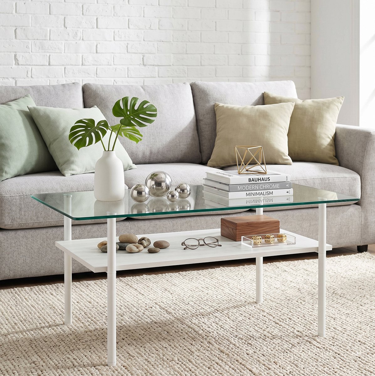 REDOM - Salontafel - Rechthoekig - Met glazen tafelblad en MDF legplank - Metalen onderstel - Modern - Woonkamer - 97,7 x 57,7 x 45 cm
