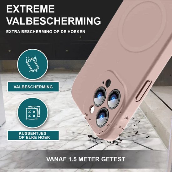 Roze hoesje demonstreert extreme valbescherming met kussentjes op elke hoek, getest vanaf 1,5 meter.
