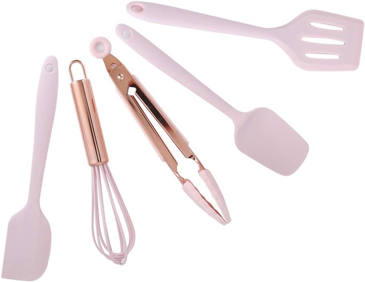Complete Silicone Keukengerei Set - 5-delige Bakgereedschappen, Antiaanbak Spatel, Eierenklopper en Keuken Scraper in Roze voor Thuisgebruik