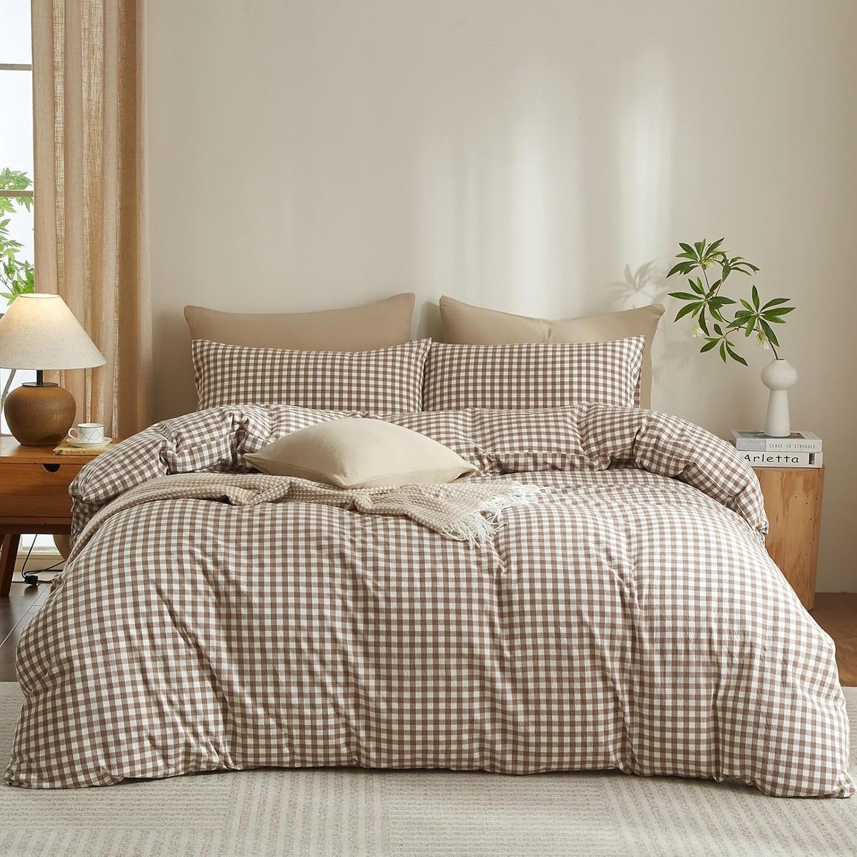 Dekbedovertrekset 155x220 cm - Geruit - Omkeerbaar - Bruin