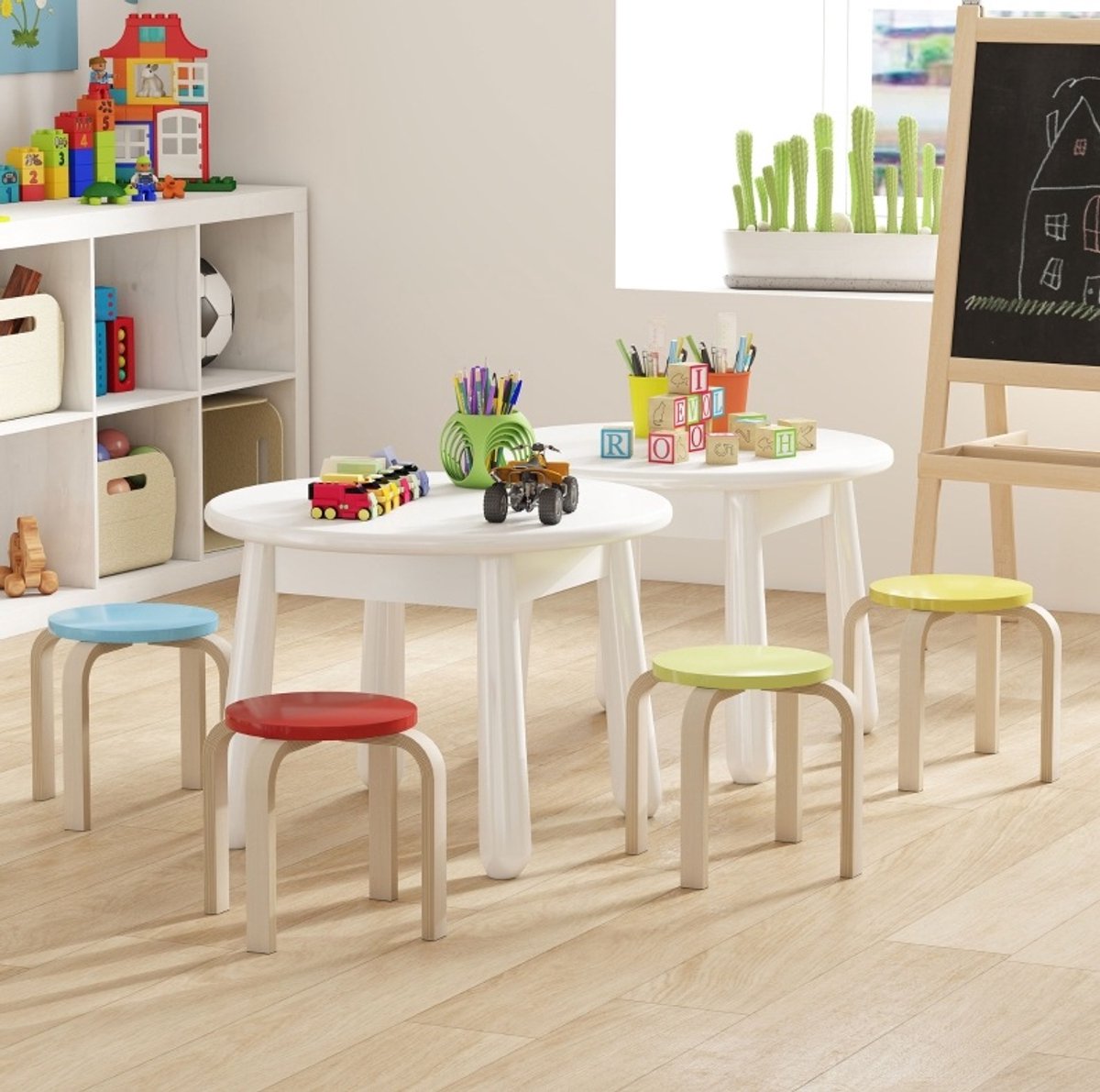 MIVRAY Krukje 36 x 36 x 30 cm - Stapelbare Ronde Zitkrukken Set Van 4 Voor Woonkamer En Speelruimte - Hout Veelkleurig
