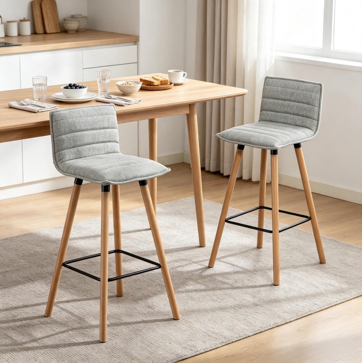 MIVRAY Barkruk 48 x 48 x 99,5 Cm - Set Van 2 Met Rugleuning En Voetsteun - Voor Keuken En Bar - Stof En Hout - Lichtgrijs