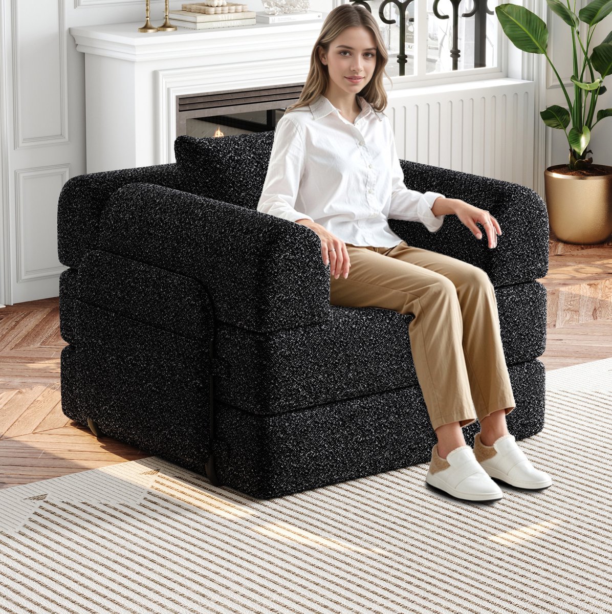 MIVRAY Slaapbank 1-Zits - 2-In-1 Uitklapbare Bedbank Met Opbergruimte in Armleuning - Voor Studio En Logeerkamer - Chenille Zwart