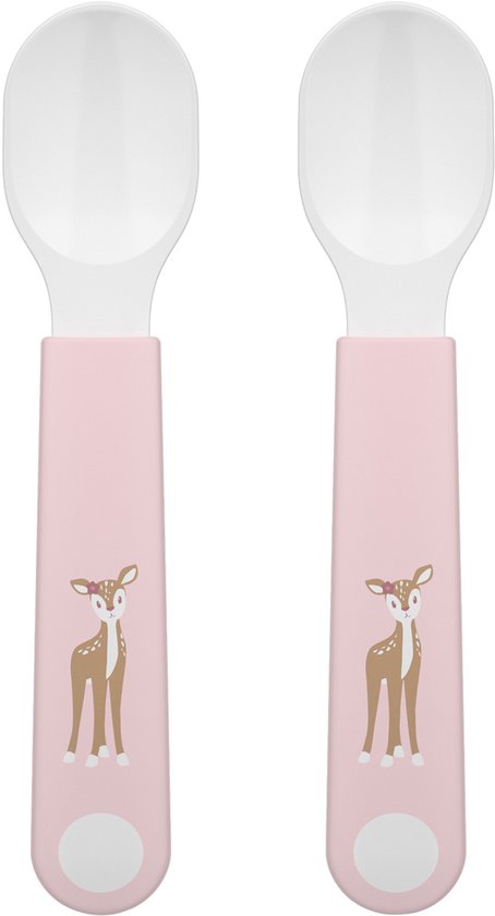 Twee roze oefenlepels met een witte sik. Elke lepel heeft een afbeelding van een hertje met bloemen in het haar.