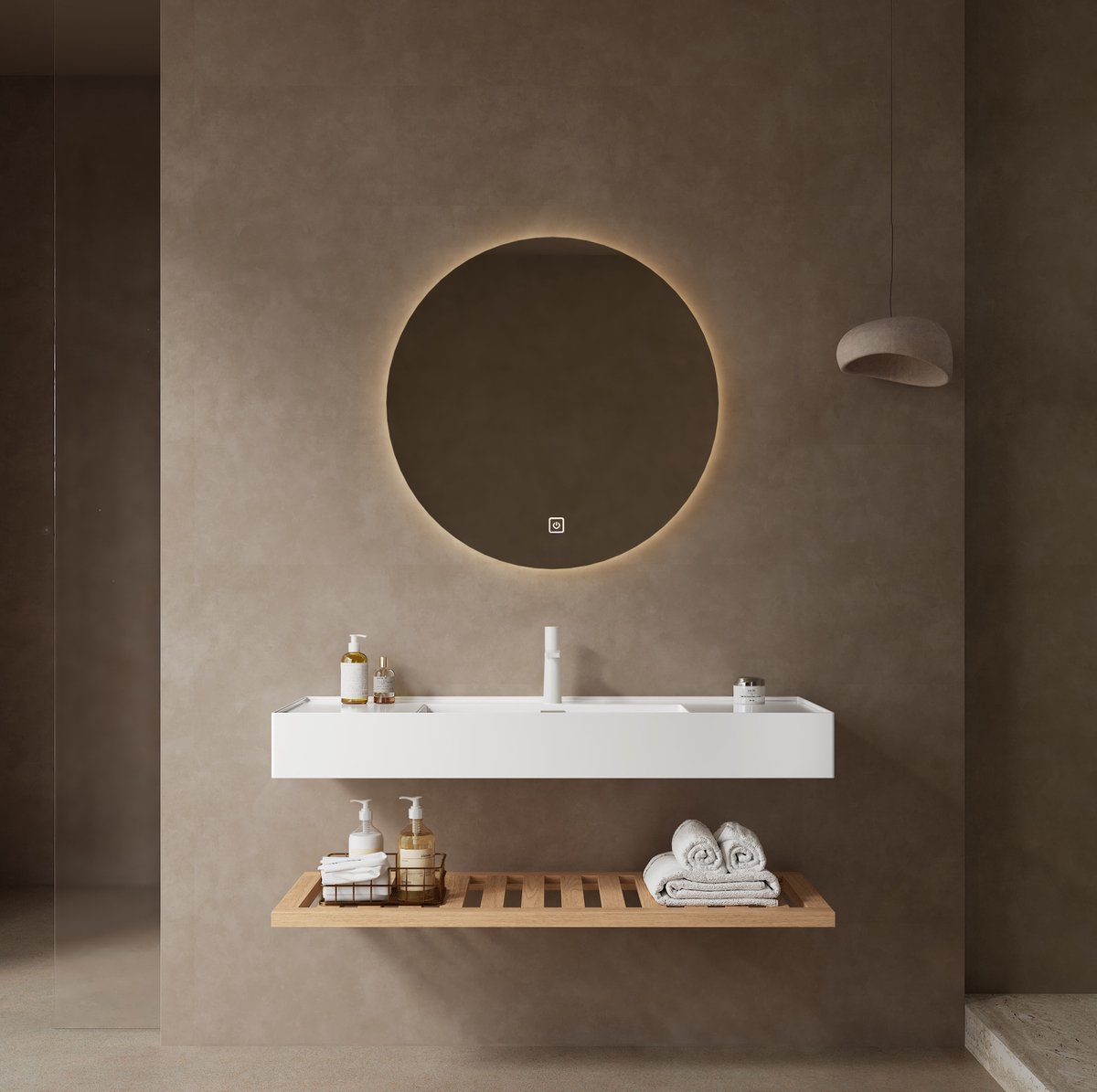 REDOM - Badkamermeubel met wastafel - Hangend - Met opbergruimte - Moderne stijl - Badkamer - Multiplex en hars - Wit en Hout - 120 cm