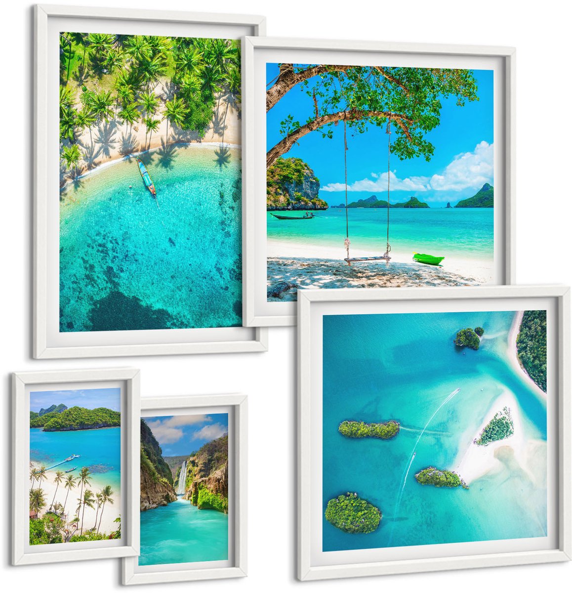 Coloray 5-Delige Schilderij Set - Tropische Stranden, Paradijselijke Uitzichten, Kristalhelder Water. - 50 x 50 cm, 20 x 30 cm En 40 x 60 cm - Muurdecoratie - Schilderijen Set - Woonkamer - Interieur Decoratie