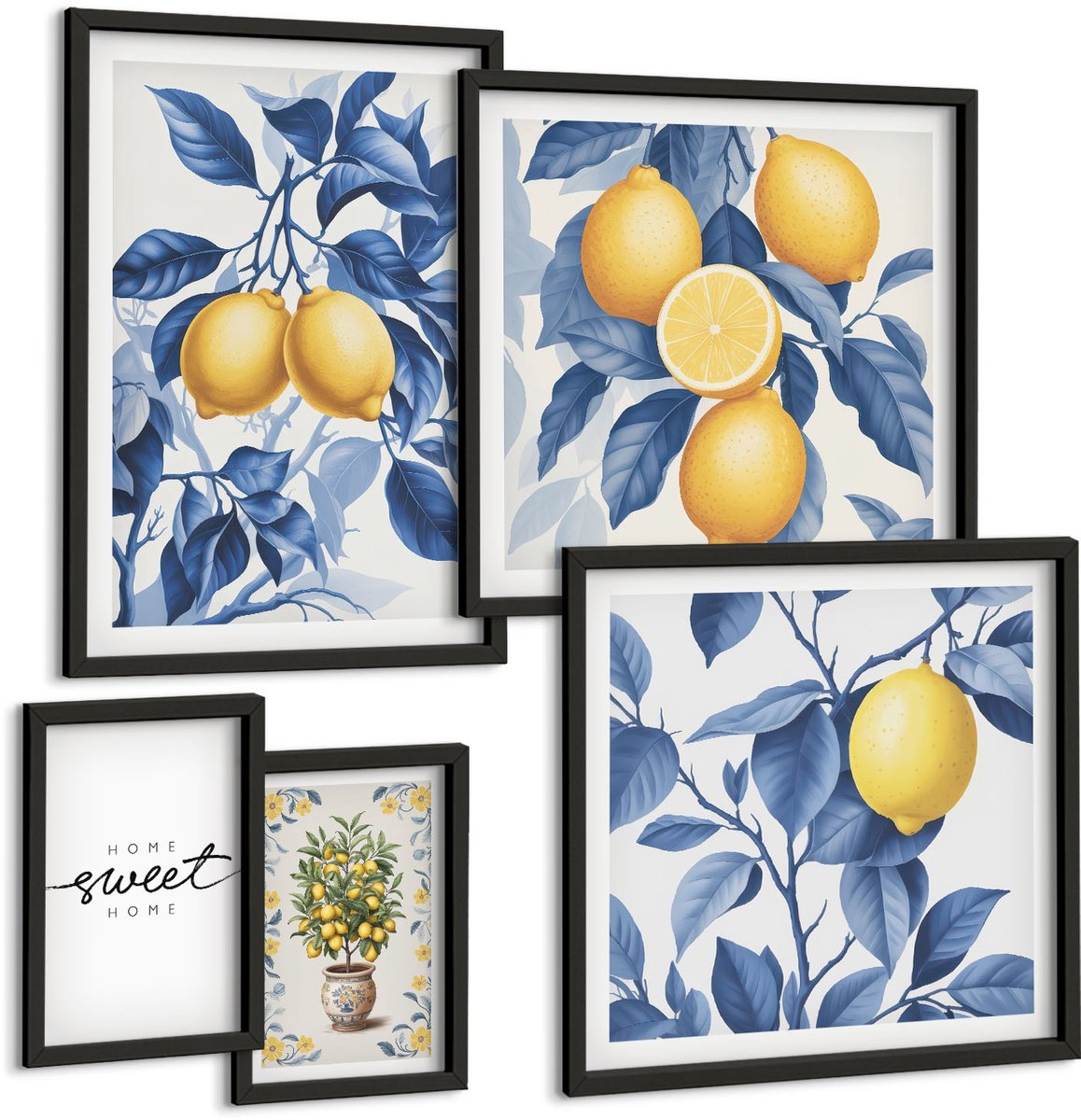 Coloray 5-Delige Schilderij Set - Citroenaccenten In Rustieke Stijl Voor Interieurs - 50 x 50 cm, 20 x 30 cm En 40 x 60 cm - Wanddecoratie - Woonkamer Decoratie Zwarte lijst