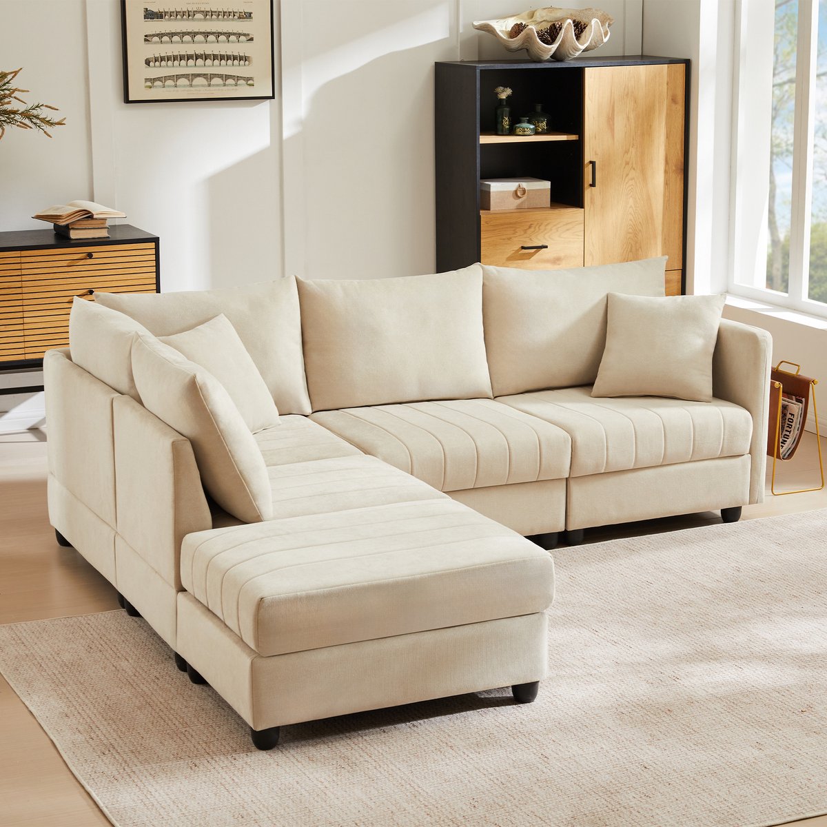 Multifunctionele Hoekbank, L-Bank, 3-Zits Bank, Multifunctionele Hoekbank, Modulaire Bank, 5-Zitsbank, Met Converteerbare Voetbank, L-Vormige Bank, U-Vormige Bank, Met Opbergruimte, Grijs