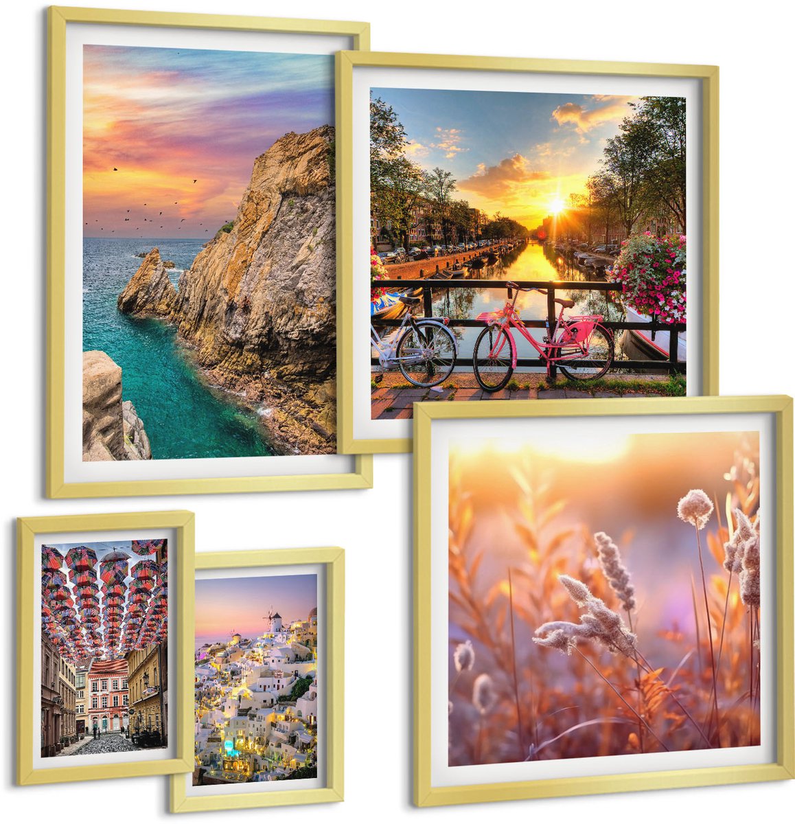 Coloray 5-Delige Schilderij Set - Kustlandschappen En Charmante Stadjes Van Europa - 50 x 50 cm, 20 x 30 cm En 40 x 60 cm - Decoratieve Schilderijen - Woonkamer - Interieur - Woonkamer Decoratie