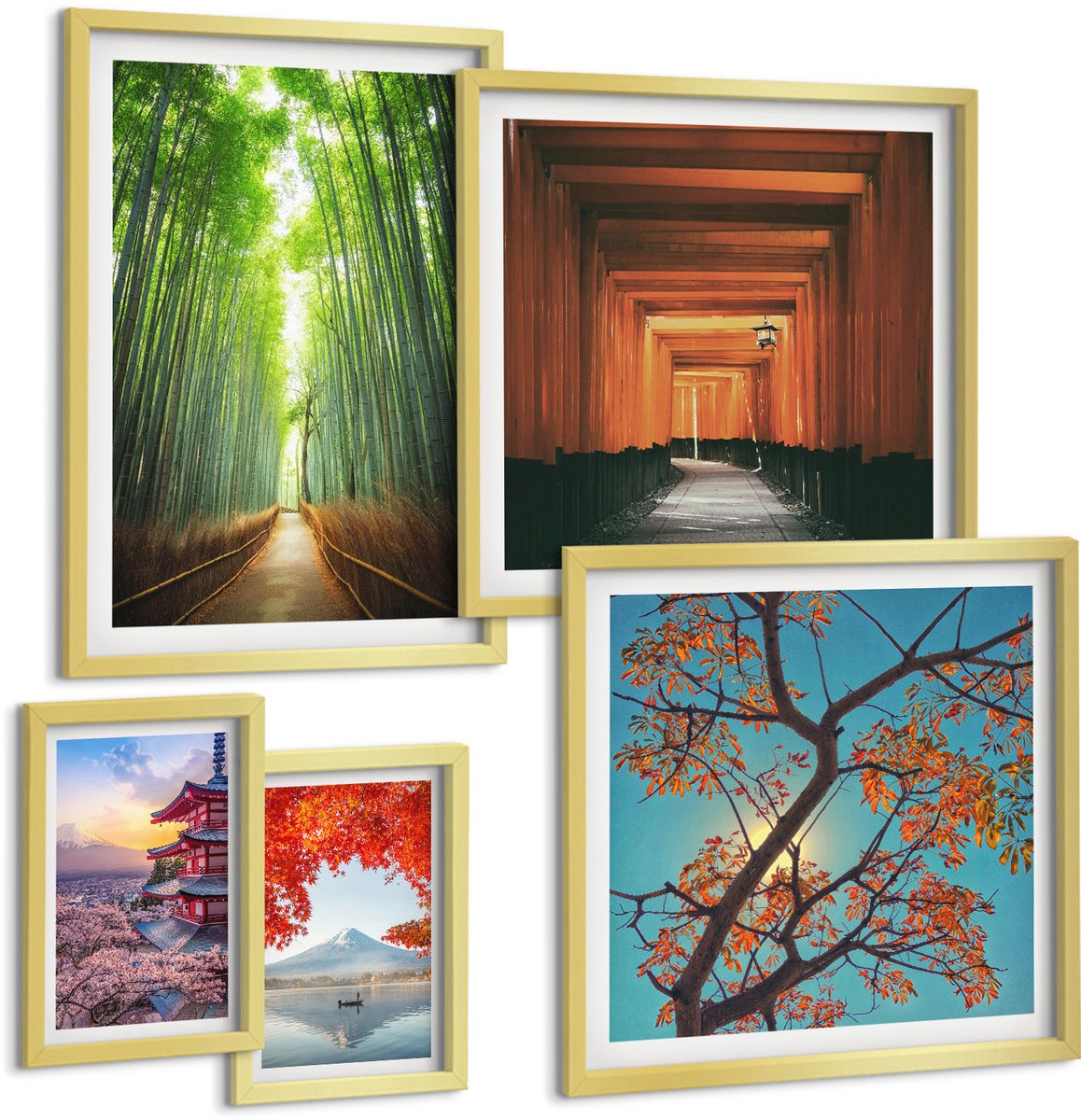 Coloray 5-Delige Schilderij Set - Japanse Landschappen Met Bamboe En Lentebloemen - 50 x 50 cm, 20 x 30 cm En 40 x 60 cm - Decoratieve Muurdecoratie - Slaapkamer