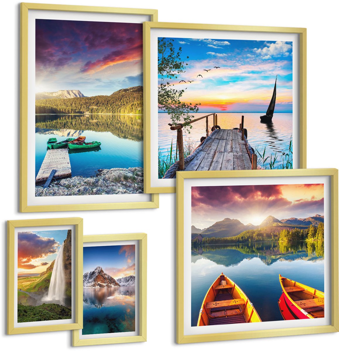 Coloray 5-Delige Schilderij Set - Natuurlandschappen Met Watervallen En Bergmeren - 50 x 50 cm, 20 x 30 cm En 40 x 60 cm - Decoratieve Muurdecoratie - Slaapkamer - Decoratieve Schilderijen