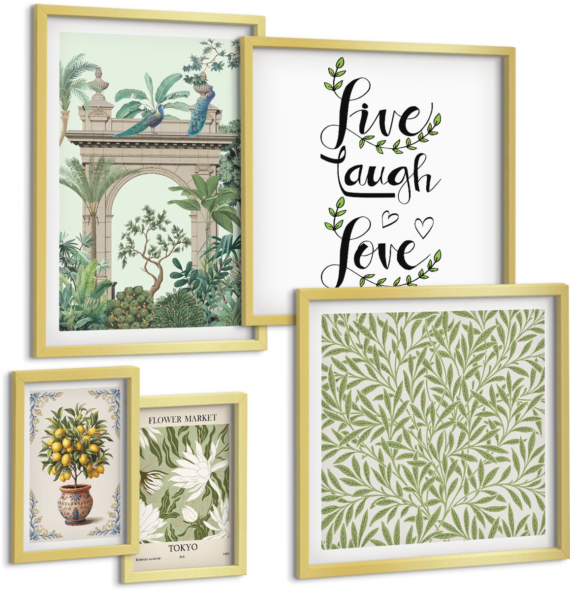 Coloray 5-Delige Schilderij Set - Plantenmotieven Met Exotische Accenten In Boho-Stijl. - 50 x 50 cm, 20 x 30 cm En 40 x 60 cm - Muurdecoratie - Decoratieve Schilderijen - Wohnzimmer