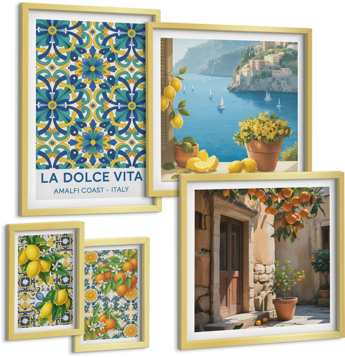 Coloray 5-Delige Schilderij Set - Italiaanse Inspiratie Van Citrusvruchten En Bloemen Uit Amalfi. - 50 x 50 cm, 20 x 30 cm En 40 x 60 cm - Muurdecoratie - Decoratieve Schilderijen - Wohnzimmer - Woonkamer Decoratie