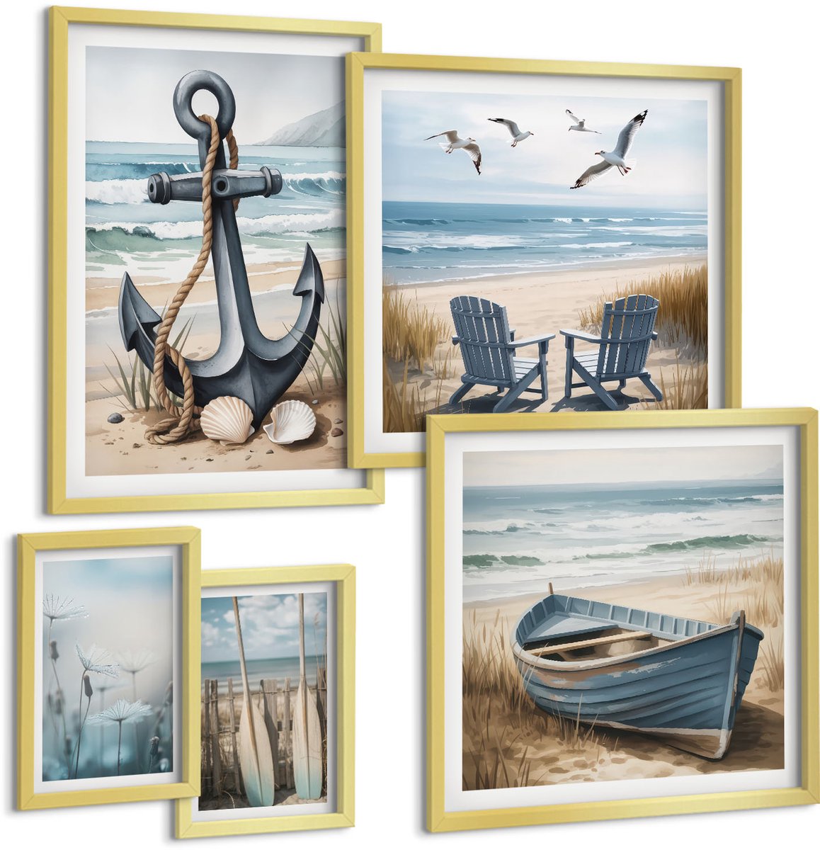 Coloray 5-Delige Schilderij Set - Inspiratie Voor Een Maritieme Stijl Met De Zee En Het Strand - 50 x 50 cm, 20 x 30 cm En 40 x 60 cm - Decoratieve Schilderijen - Woonkamer - Interieur - Interieur Decoratie