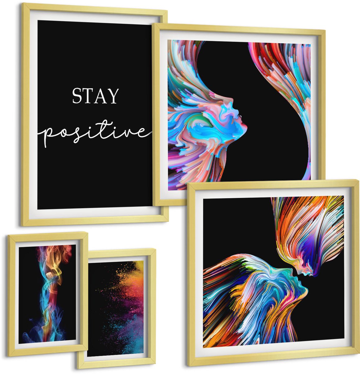 Coloray 5-Delige Schilderij Set - Kleurrijke Abstracte Afbeeldingen Met Positieve Slogans Op Een Zwarte Achtergrond. - 50 x 50 cm, 20 x 30 cm En 40 x 60 cm - Decoratieve Schilderijen - Wanddecoratie - Hal